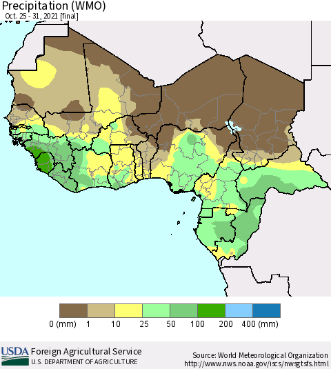 Western Africa Precipitation (WMO) Thematic Map For 10/25/2021 - 10/31/2021
