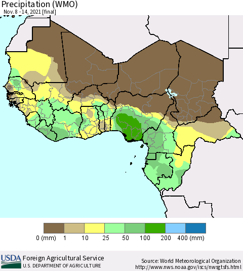 Western Africa Precipitation (WMO) Thematic Map For 11/8/2021 - 11/14/2021