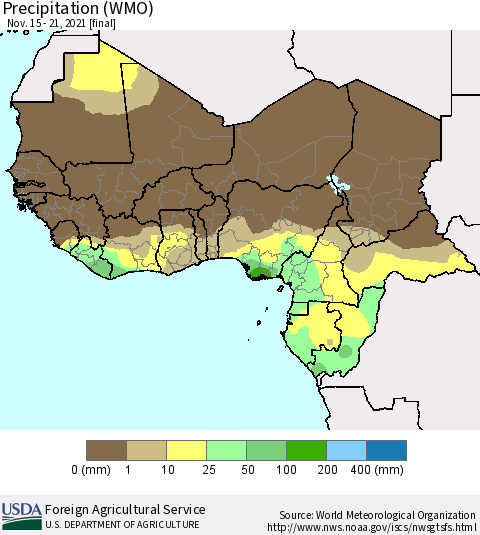 Western Africa Precipitation (WMO) Thematic Map For 11/15/2021 - 11/21/2021