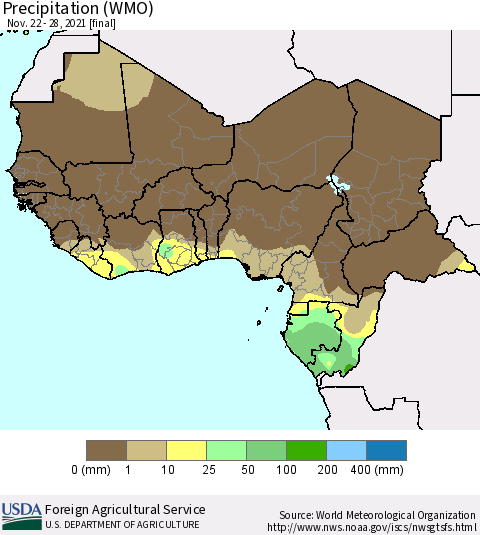 Western Africa Precipitation (WMO) Thematic Map For 11/22/2021 - 11/28/2021
