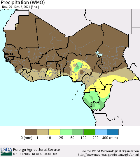 Western Africa Precipitation (WMO) Thematic Map For 11/29/2021 - 12/5/2021