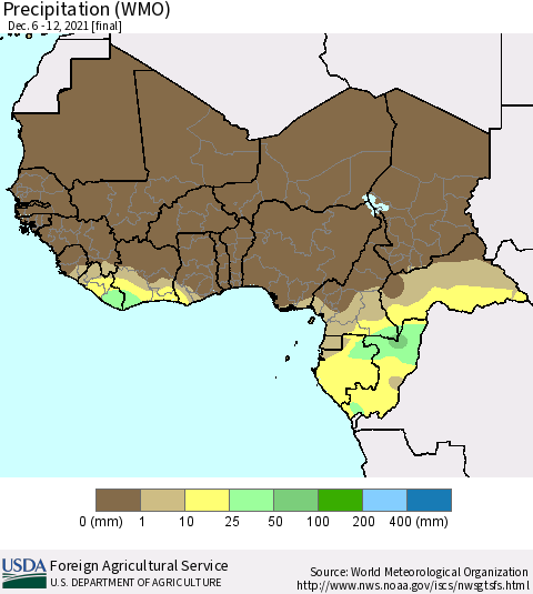 Western Africa Precipitation (WMO) Thematic Map For 12/6/2021 - 12/12/2021