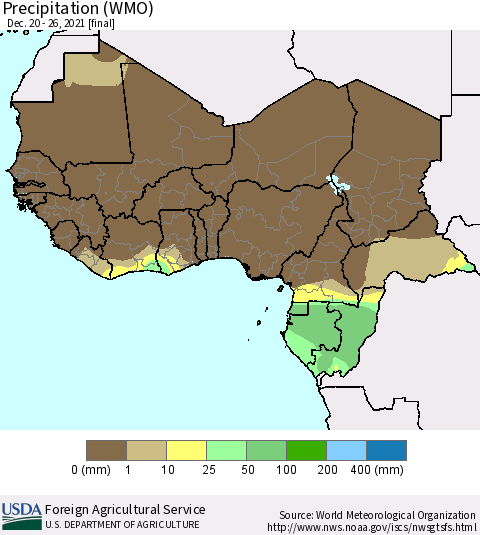 Western Africa Precipitation (WMO) Thematic Map For 12/20/2021 - 12/26/2021