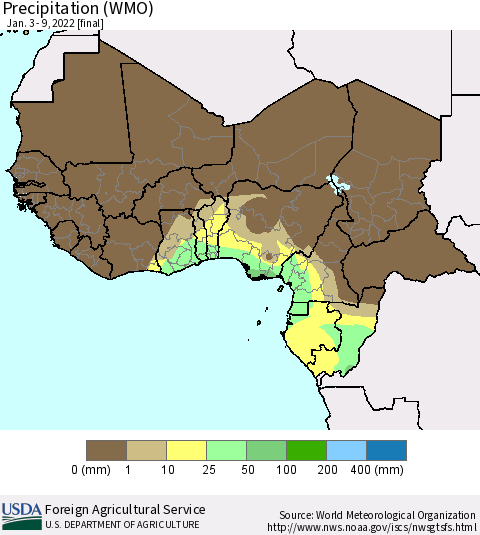 Western Africa Precipitation (WMO) Thematic Map For 1/3/2022 - 1/9/2022