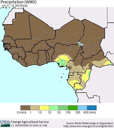 Western Africa Precipitation (WMO) Thematic Map For 1/17/2022 - 1/23/2022