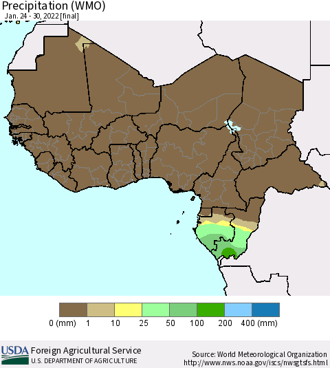 Western Africa Precipitation (WMO) Thematic Map For 1/24/2022 - 1/30/2022
