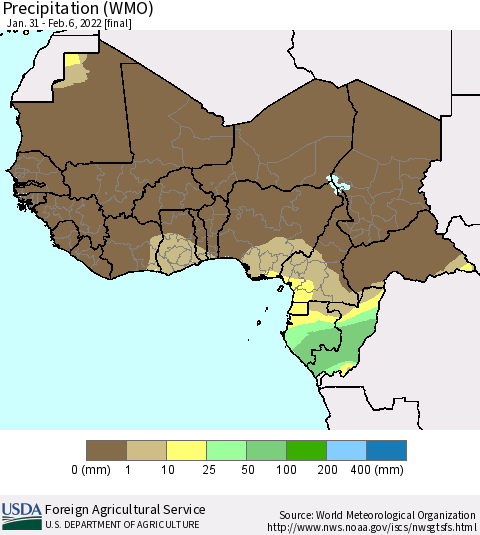 Western Africa Precipitation (WMO) Thematic Map For 1/31/2022 - 2/6/2022