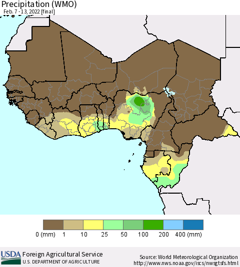 Western Africa Precipitation (WMO) Thematic Map For 2/7/2022 - 2/13/2022