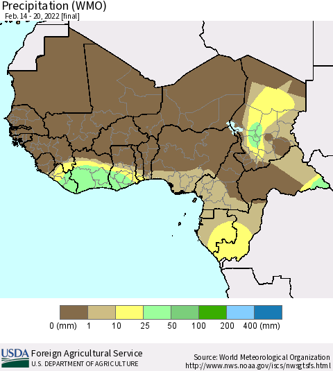 Western Africa Precipitation (WMO) Thematic Map For 2/14/2022 - 2/20/2022