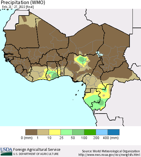 Western Africa Precipitation (WMO) Thematic Map For 2/21/2022 - 2/27/2022