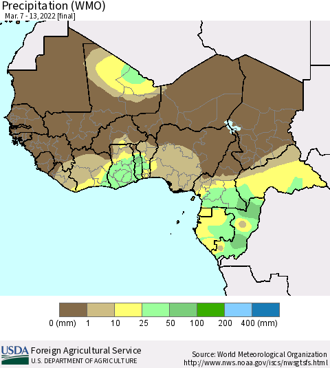 Western Africa Precipitation (WMO) Thematic Map For 3/7/2022 - 3/13/2022