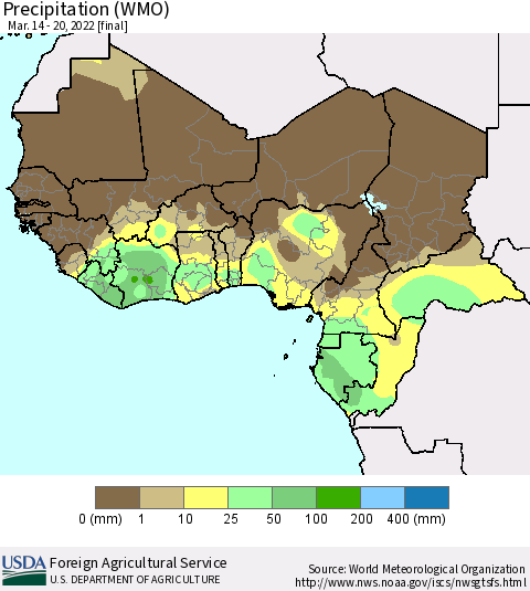 Western Africa Precipitation (WMO) Thematic Map For 3/14/2022 - 3/20/2022