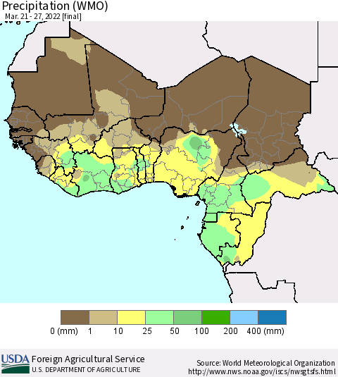 Western Africa Precipitation (WMO) Thematic Map For 3/21/2022 - 3/27/2022