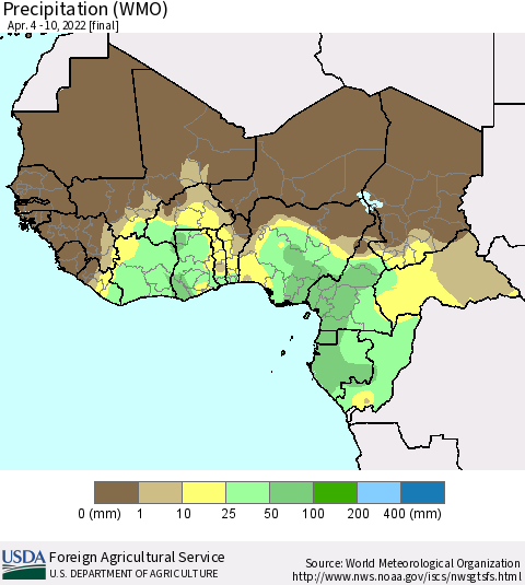 Western Africa Precipitation (WMO) Thematic Map For 4/4/2022 - 4/10/2022