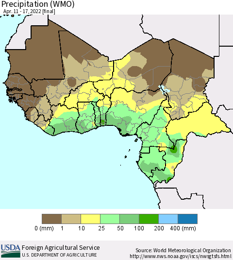 Western Africa Precipitation (WMO) Thematic Map For 4/11/2022 - 4/17/2022