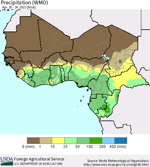 Western Africa Precipitation (WMO) Thematic Map For 4/18/2022 - 4/24/2022