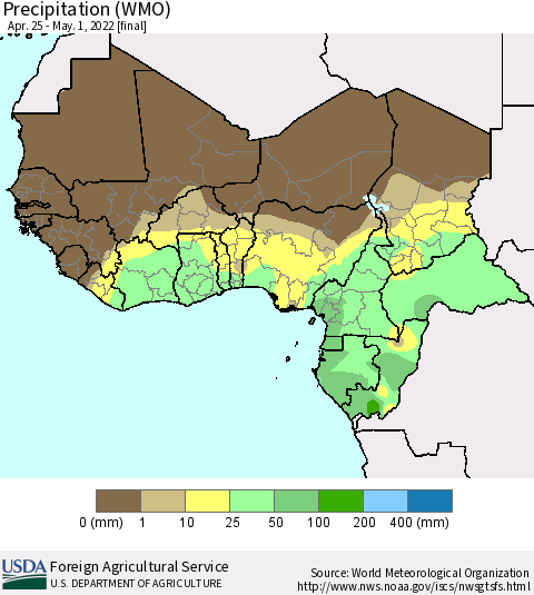 Western Africa Precipitation (WMO) Thematic Map For 4/25/2022 - 5/1/2022