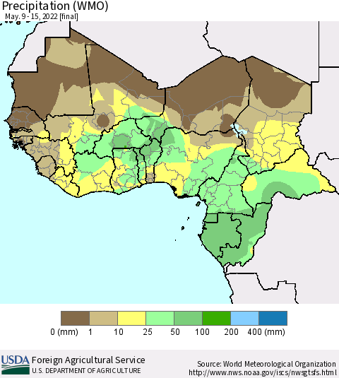 Western Africa Precipitation (WMO) Thematic Map For 5/9/2022 - 5/15/2022