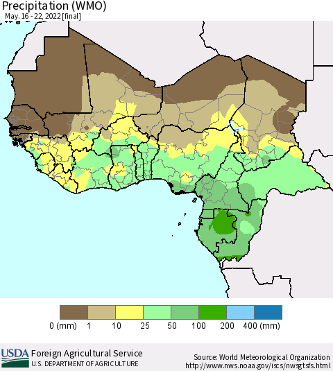 Western Africa Precipitation (WMO) Thematic Map For 5/16/2022 - 5/22/2022