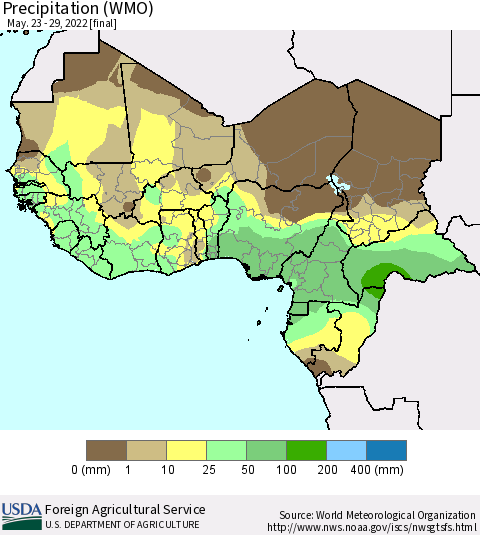 Western Africa Precipitation (WMO) Thematic Map For 5/23/2022 - 5/29/2022
