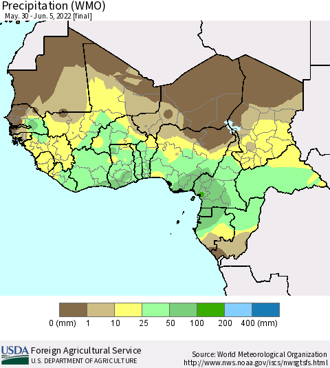 Western Africa Precipitation (WMO) Thematic Map For 5/30/2022 - 6/5/2022