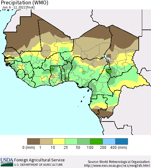Western Africa Precipitation (WMO) Thematic Map For 6/6/2022 - 6/12/2022