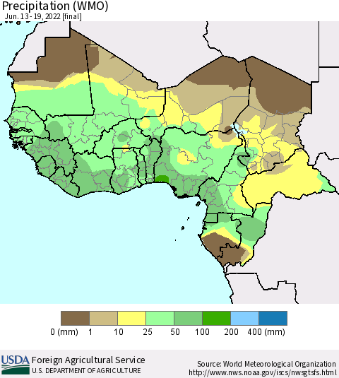 Western Africa Precipitation (WMO) Thematic Map For 6/13/2022 - 6/19/2022