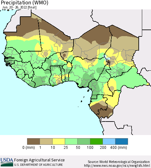 Western Africa Precipitation (WMO) Thematic Map For 6/20/2022 - 6/26/2022