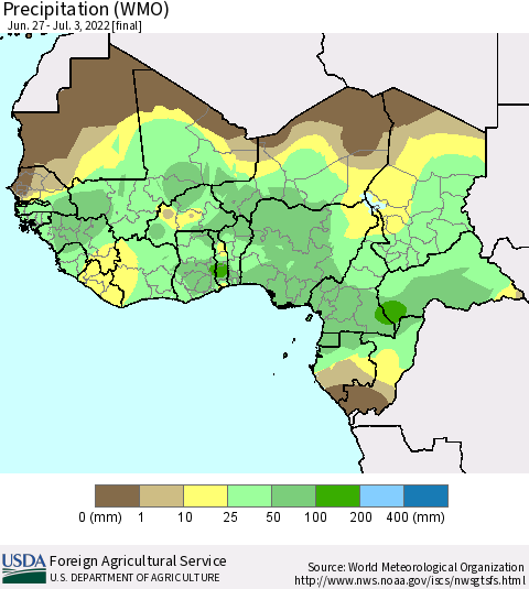 Western Africa Precipitation (WMO) Thematic Map For 6/27/2022 - 7/3/2022