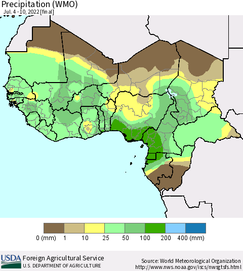 Western Africa Precipitation (WMO) Thematic Map For 7/4/2022 - 7/10/2022