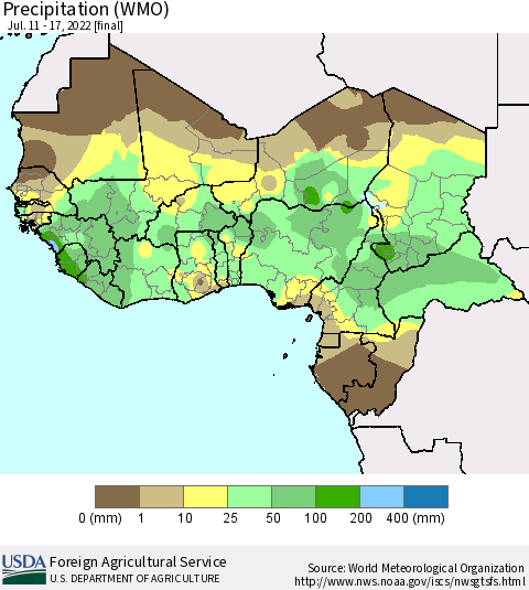 Western Africa Precipitation (WMO) Thematic Map For 7/11/2022 - 7/17/2022