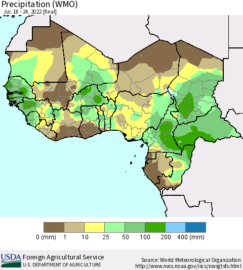 Western Africa Precipitation (WMO) Thematic Map For 7/18/2022 - 7/24/2022