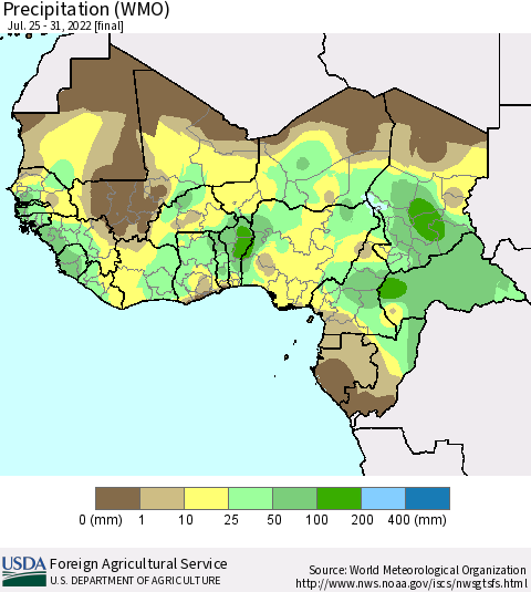 Western Africa Precipitation (WMO) Thematic Map For 7/25/2022 - 7/31/2022