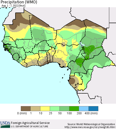 Western Africa Precipitation (WMO) Thematic Map For 8/1/2022 - 8/7/2022