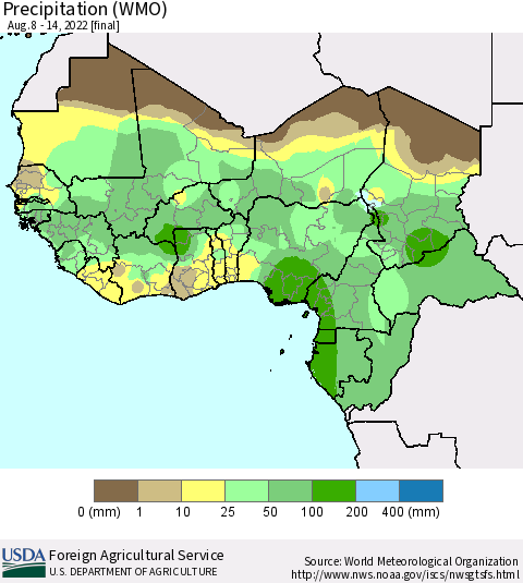 Western Africa Precipitation (WMO) Thematic Map For 8/8/2022 - 8/14/2022