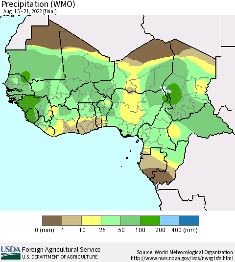 Western Africa Precipitation (WMO) Thematic Map For 8/15/2022 - 8/21/2022