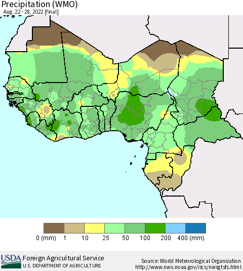 Western Africa Precipitation (WMO) Thematic Map For 8/22/2022 - 8/28/2022