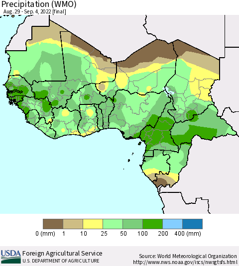 Western Africa Precipitation (WMO) Thematic Map For 8/29/2022 - 9/4/2022