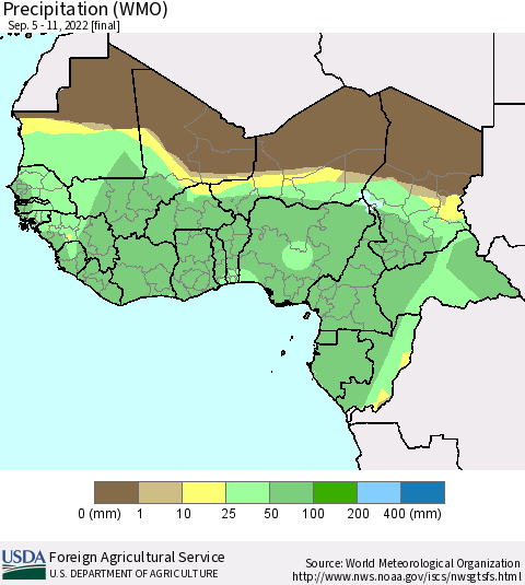 Western Africa Precipitation (WMO) Thematic Map For 9/5/2022 - 9/11/2022