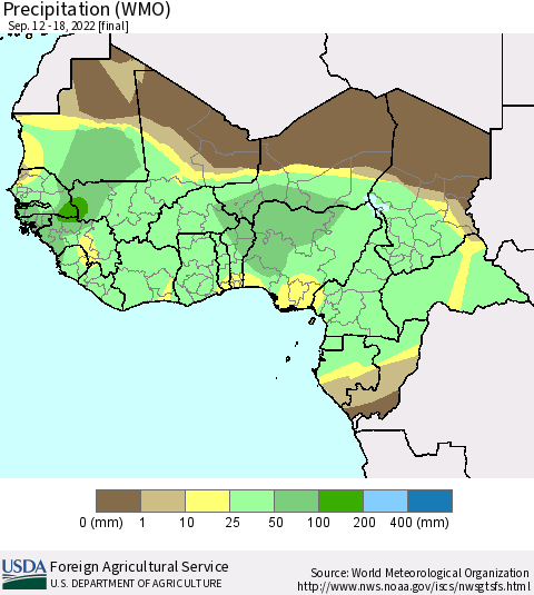 Western Africa Precipitation (WMO) Thematic Map For 9/12/2022 - 9/18/2022