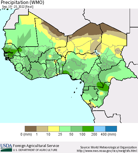 Western Africa Precipitation (WMO) Thematic Map For 9/19/2022 - 9/25/2022