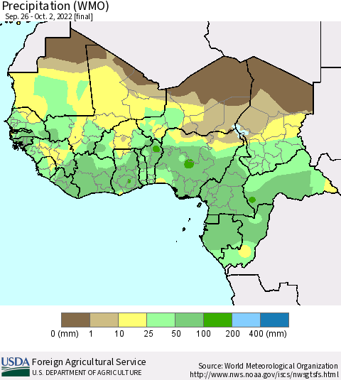 Western Africa Precipitation (WMO) Thematic Map For 9/26/2022 - 10/2/2022