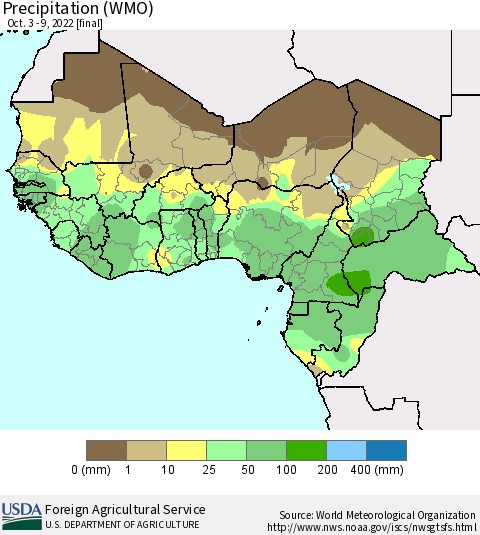 Western Africa Precipitation (WMO) Thematic Map For 10/3/2022 - 10/9/2022