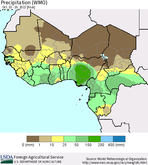 Western Africa Precipitation (WMO) Thematic Map For 10/10/2022 - 10/16/2022