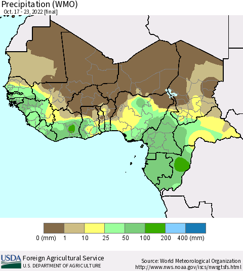 Western Africa Precipitation (WMO) Thematic Map For 10/17/2022 - 10/23/2022