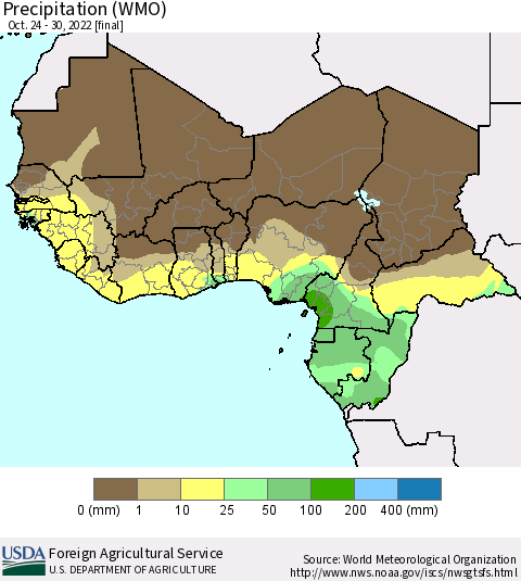 Western Africa Precipitation (WMO) Thematic Map For 10/24/2022 - 10/30/2022