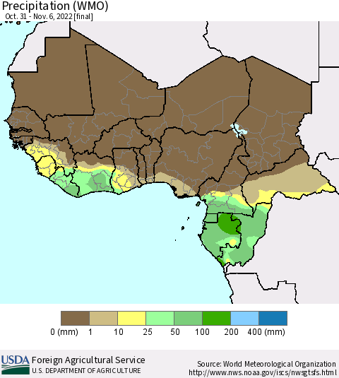 Western Africa Precipitation (WMO) Thematic Map For 10/31/2022 - 11/6/2022