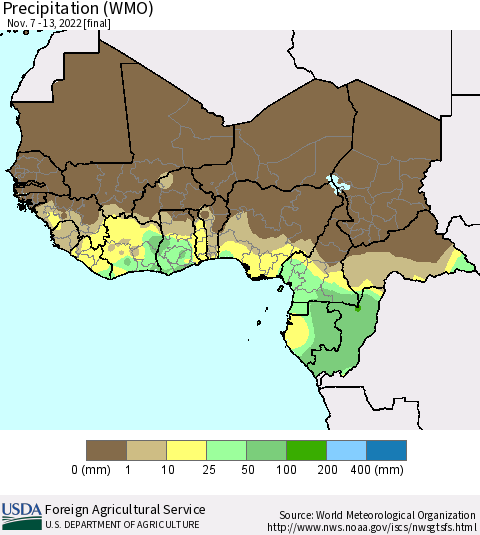 Western Africa Precipitation (WMO) Thematic Map For 11/7/2022 - 11/13/2022