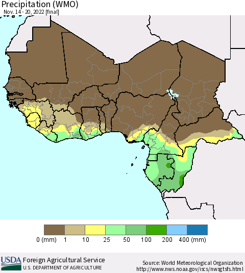Western Africa Precipitation (WMO) Thematic Map For 11/14/2022 - 11/20/2022