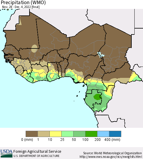 Western Africa Precipitation (WMO) Thematic Map For 11/28/2022 - 12/4/2022